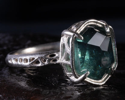 Blue Green Tourmaline Ring in Sterling Silver, Hand Cut One of a Kind Ring 