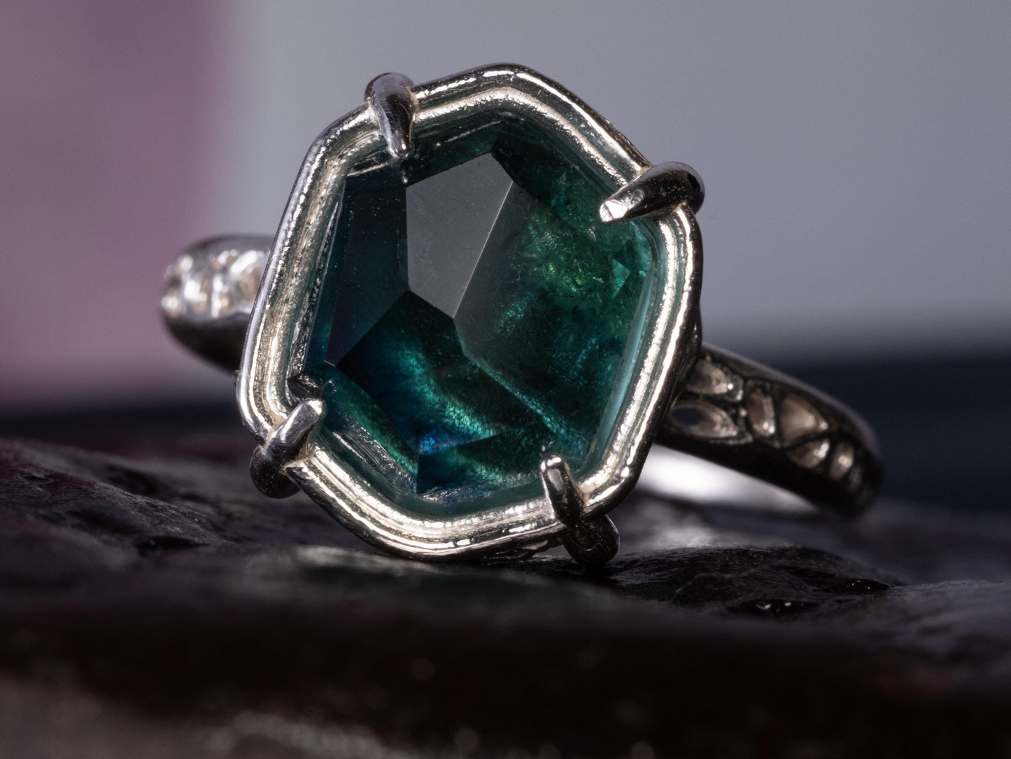 Blue Green Tourmaline Ring in Sterling Silver, Hand Cut One of a Kind Ring 