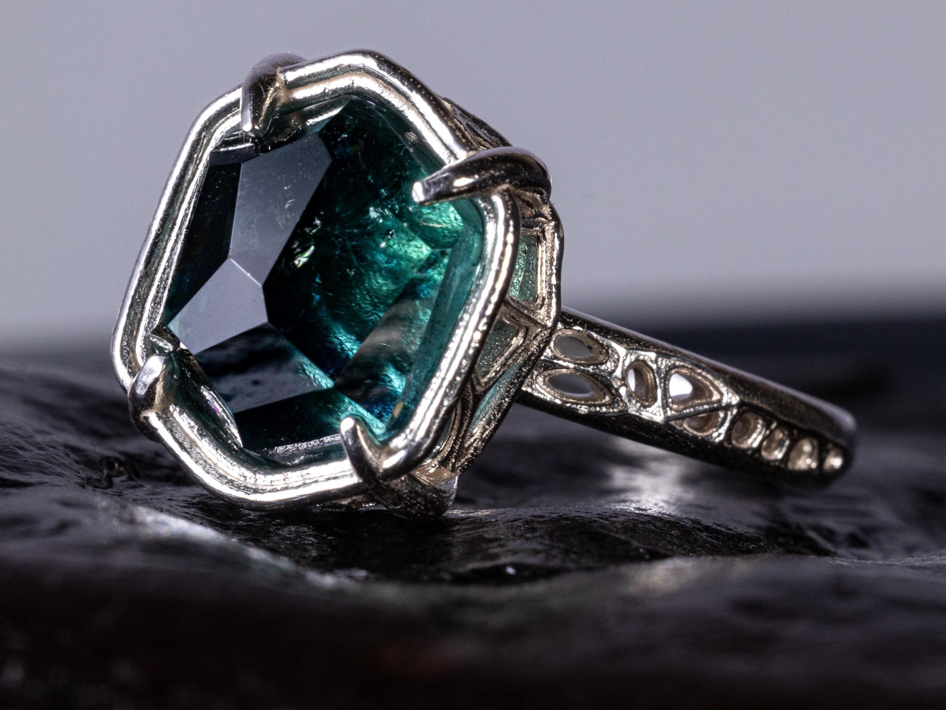 Blue Green Tourmaline Ring in Sterling Silver, Hand Cut One of a Kind Ring 