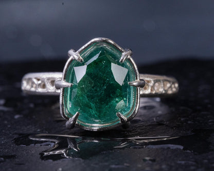 Hand Cut Green Tourmaline Statement Ring in Sterling Silver one-of-a-kind 
