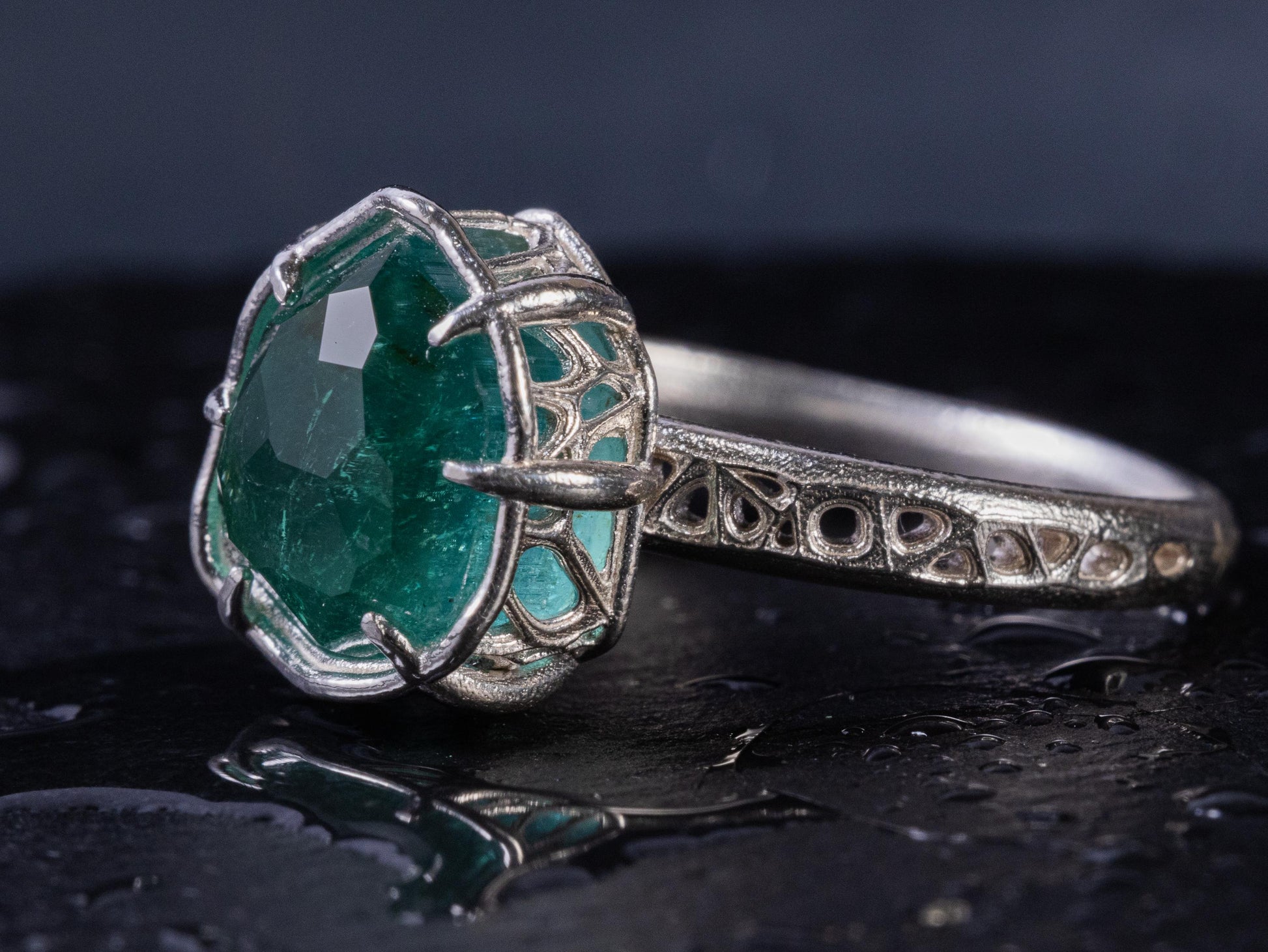 Hand Cut Green Tourmaline Statement Ring in Sterling Silver one-of-a-kind 