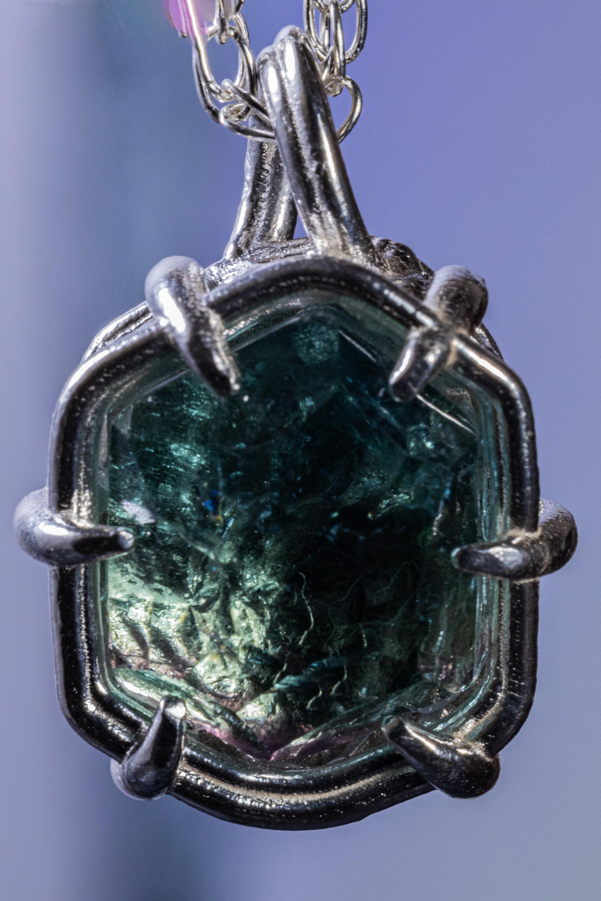 Blue Green Tourmaline Pendant, Hand Cut Stone in Sterling Silver 