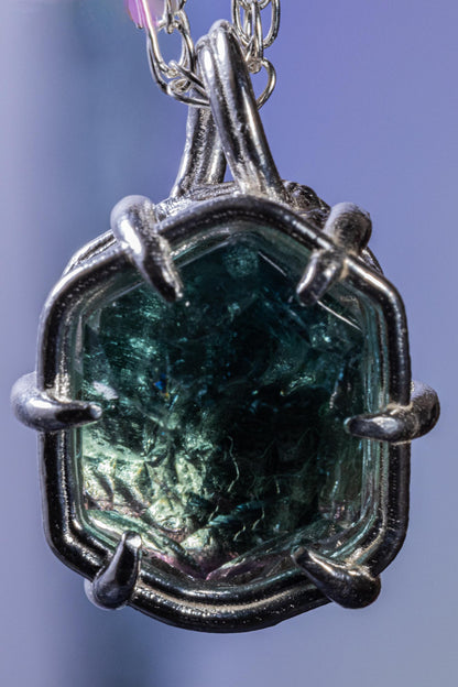 Blue Green Tourmaline Pendant, Hand Cut Stone in Sterling Silver 