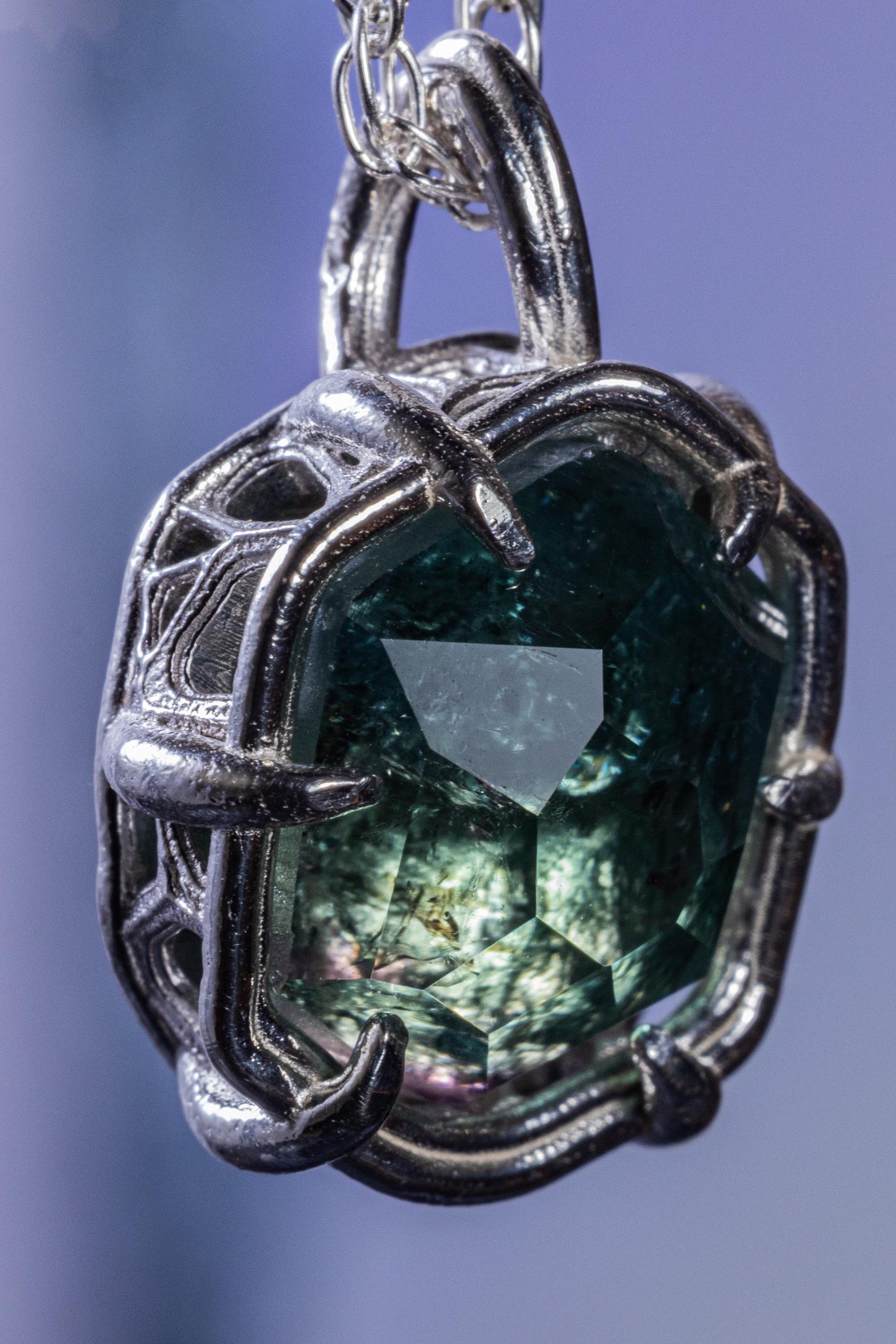 Blue Green Tourmaline Pendant, Hand Cut Stone in Sterling Silver 