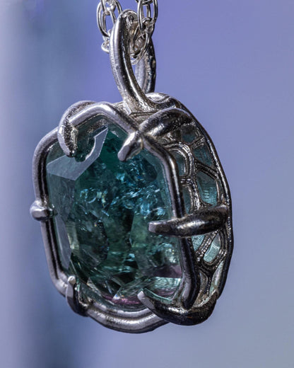 Blue Green Tourmaline Pendant, Hand Cut Stone in Sterling Silver 