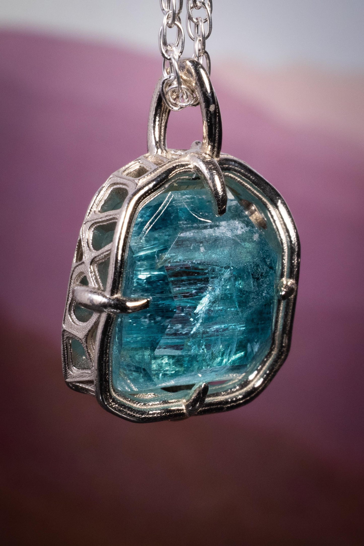 Hand Cut Blue Tourmaline Pendant in 10k White Gold 