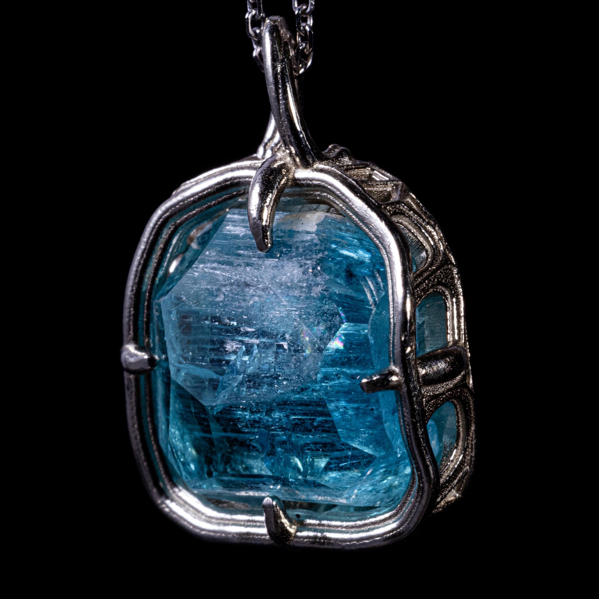 Hand Cut Blue Tourmaline Pendant in 10k White Gold 