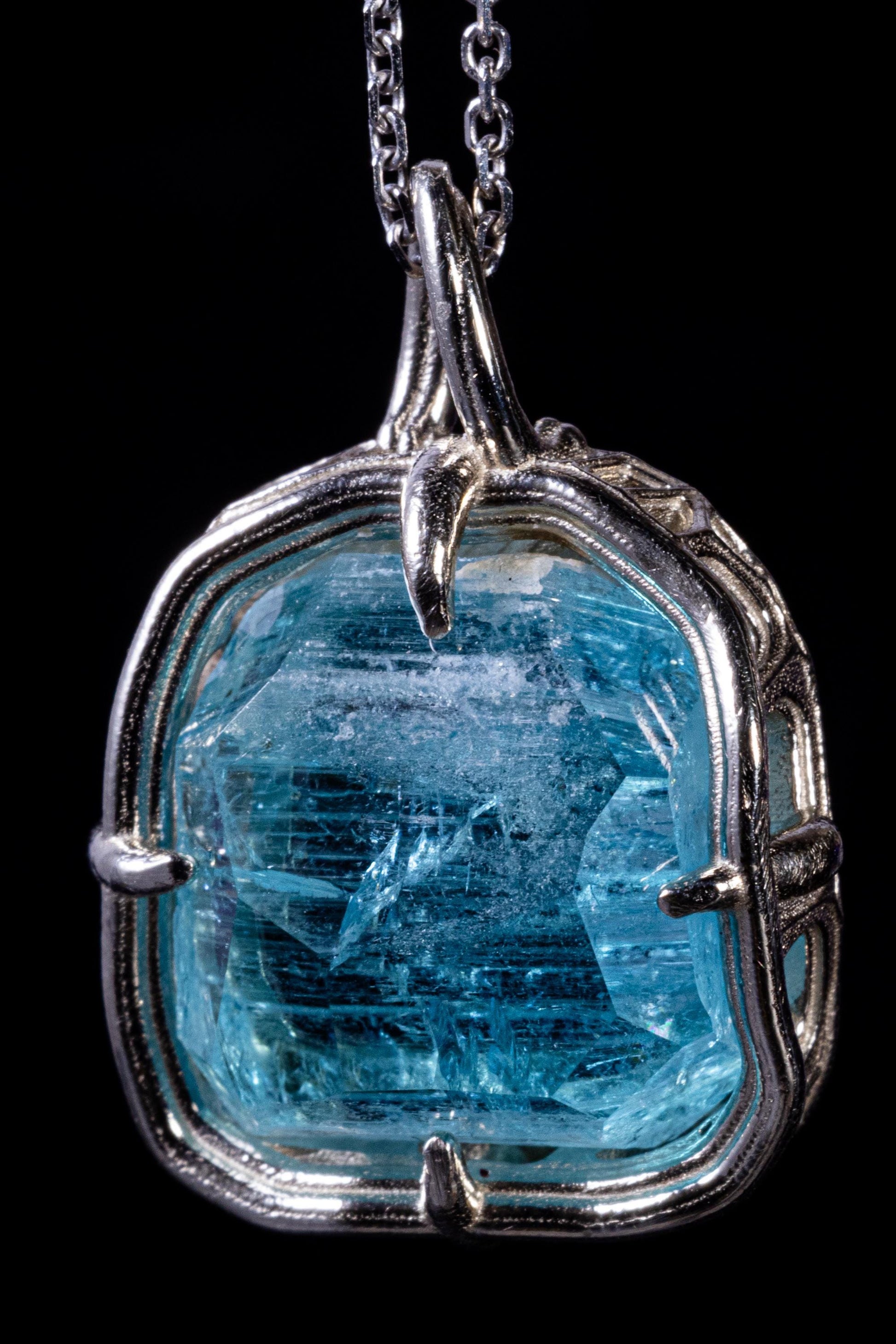 Hand Cut Blue Tourmaline Pendant in 10k White Gold 
