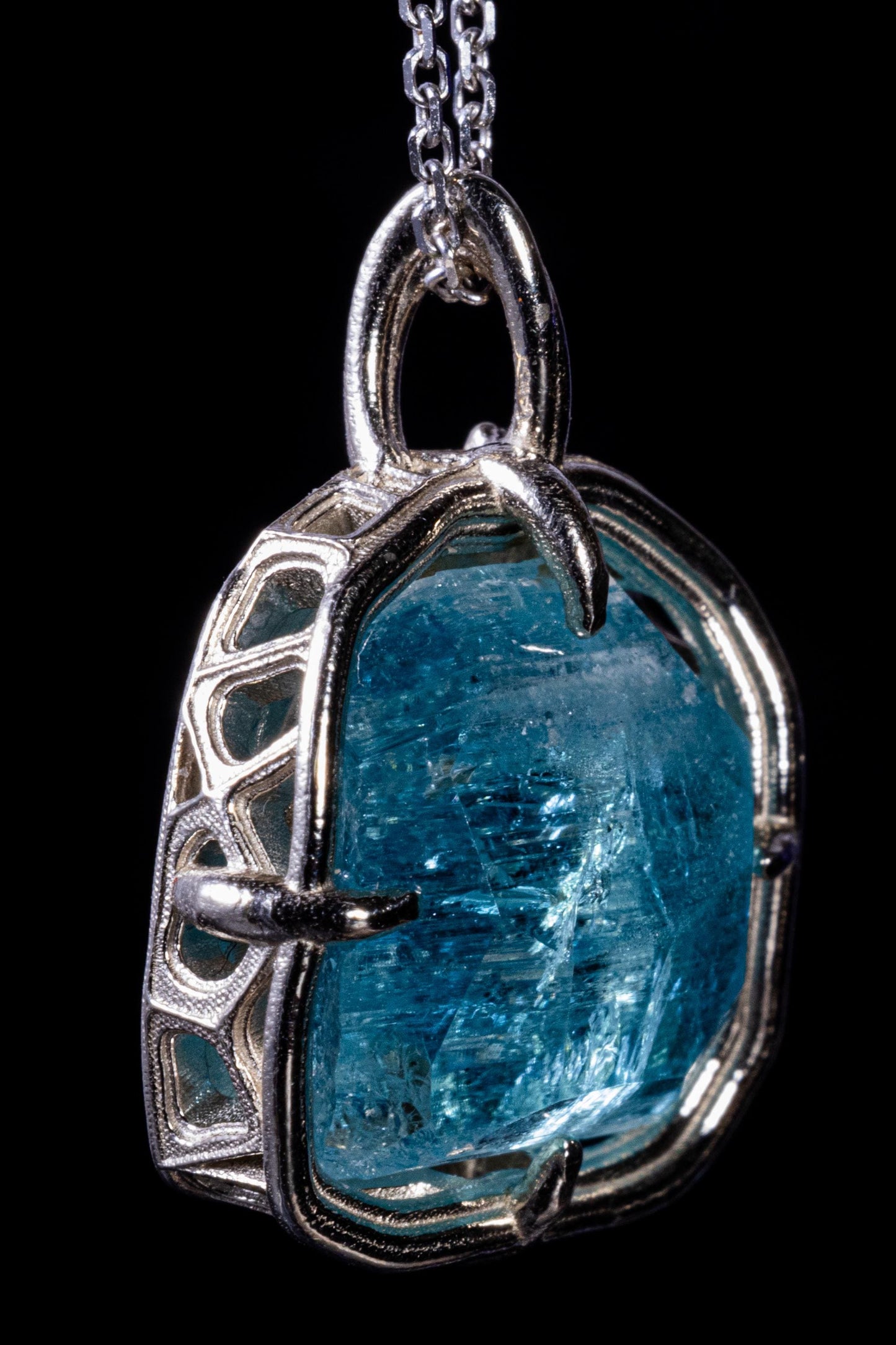 Hand Cut Blue Tourmaline Pendant in 10k White Gold 