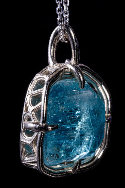 Hand Cut Blue Tourmaline Pendant in 10k White Gold 