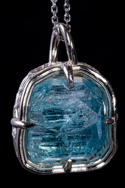 Hand Cut Blue Tourmaline Pendant in 10k White Gold 