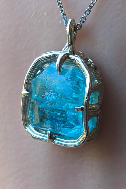 Hand Cut Blue Tourmaline Pendant in 10k White Gold 