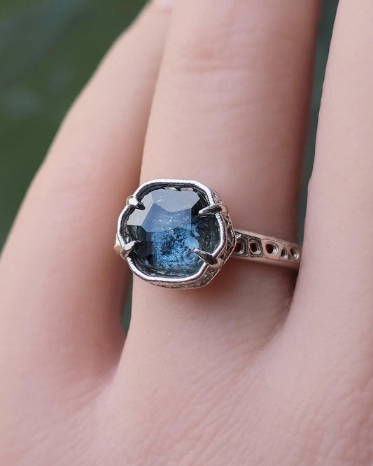 Montana Sapphire Ring in Sterling Silver, Blue Teal Gemstone, Size 7.25, Handmade Jewelry, Unique Engagement 