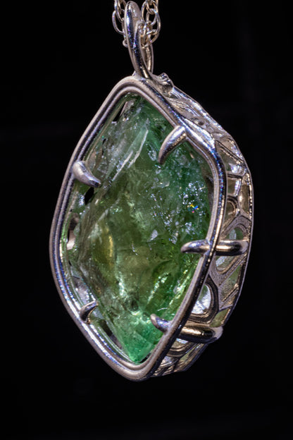 Hand Faceted Hiddenite Pendant, Sterling Silver Green Spodumene Necklace 