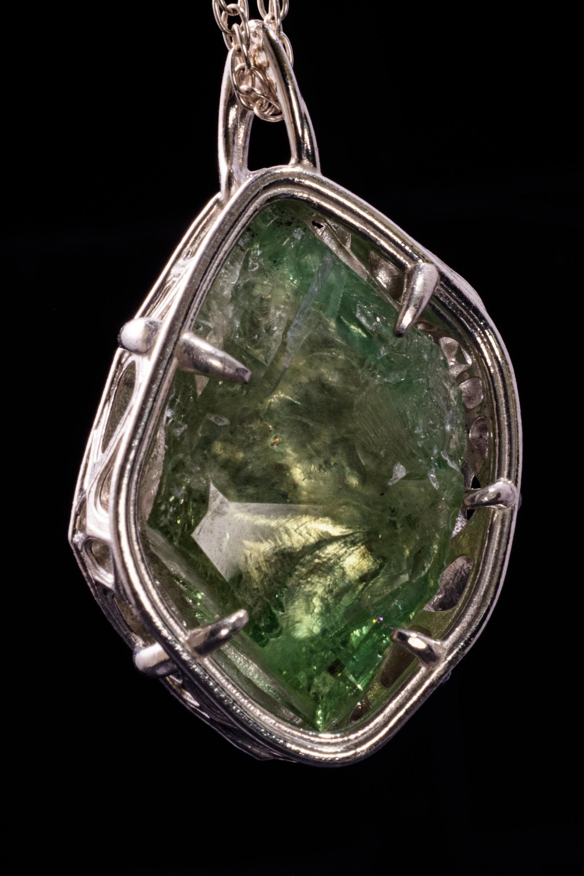 Hand Faceted Hiddenite Pendant, Sterling Silver Green Spodumene Necklace 