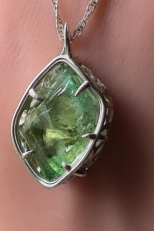 Hand Faceted Hiddenite Pendant, Sterling Silver Green Spodumene Necklace 