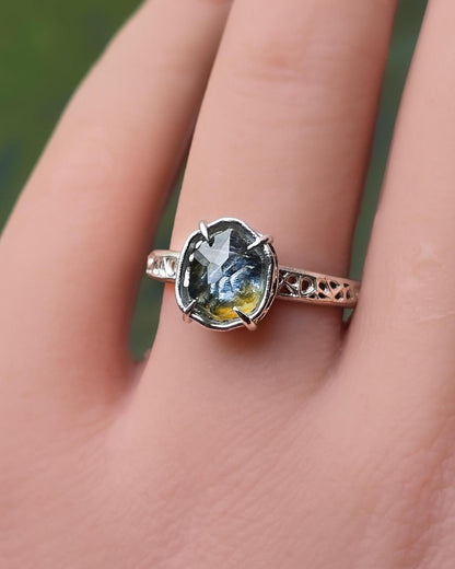 Montana Sapphire Ring Sterling Silver, Unheated Parti Blue Yellow Sapphire, Size 7.25, Handmade Rustic Ring 