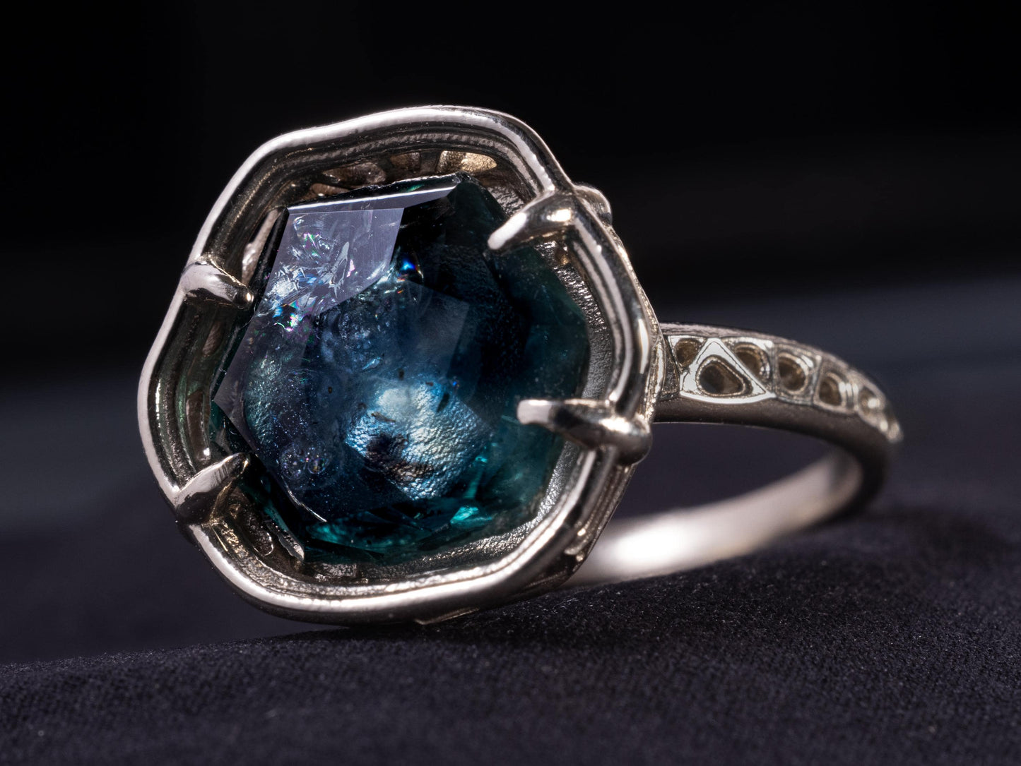 Large Montana Sapphire Ring 5.22ct in 14k White Gold, Blue Green, Handmade Ring 
