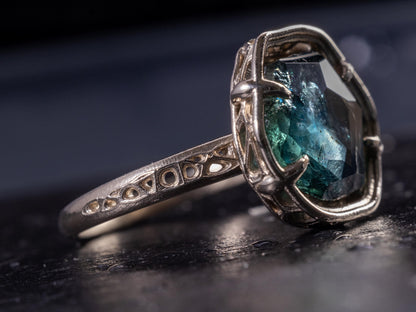 Large Montana Sapphire Ring 5.22ct in 14k White Gold, Blue Green, Handmade Ring 