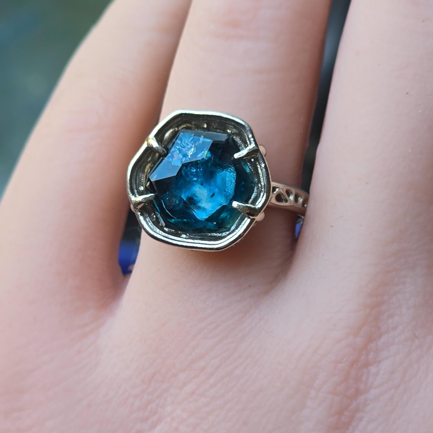 Large Montana Sapphire Ring 5.22ct in 14k White Gold, Blue Green, Handmade Ring 