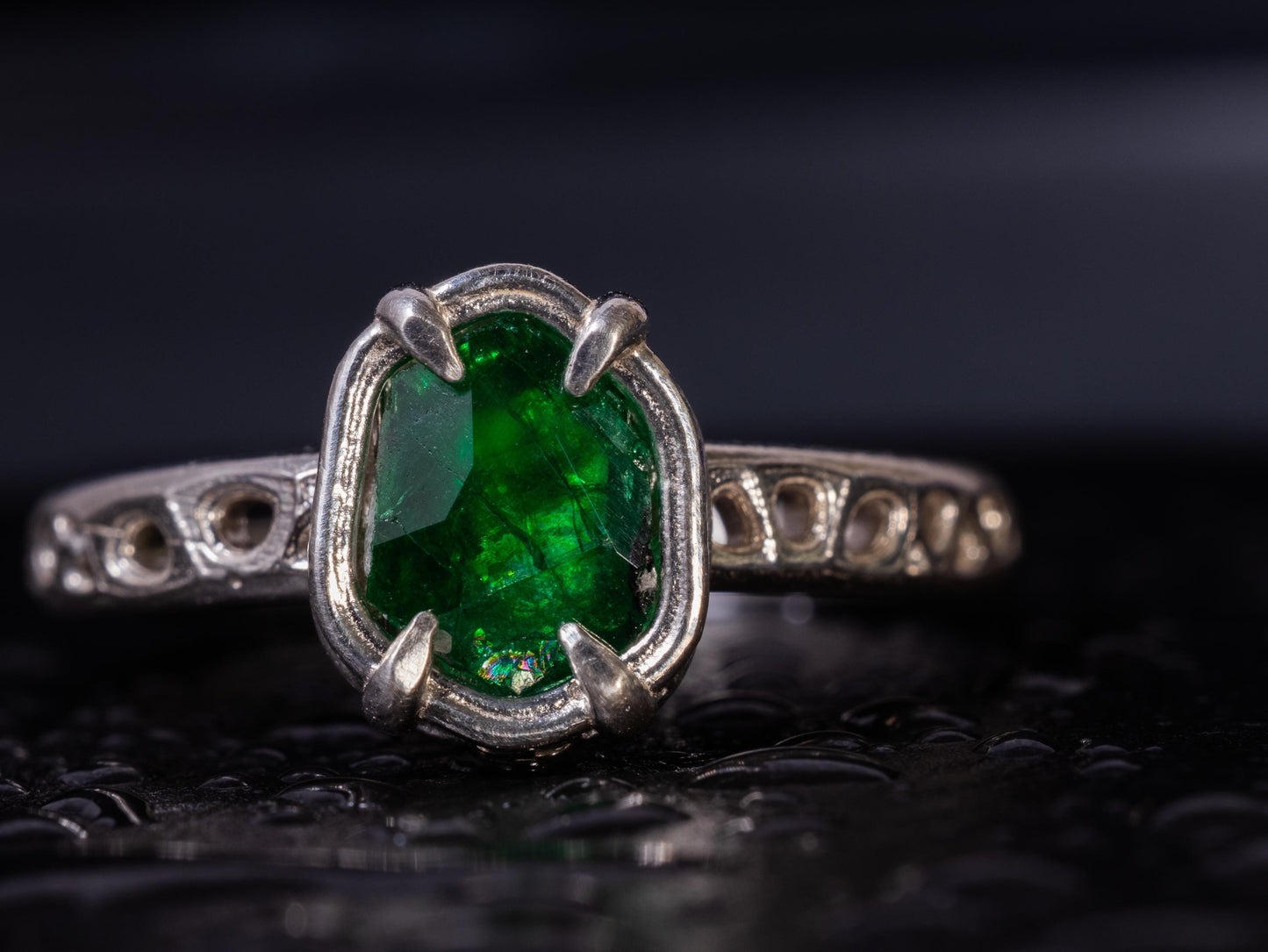 Hand-Cut Emerald Ring in Sterling Silver OOAK Artisan Gemstone Ring 