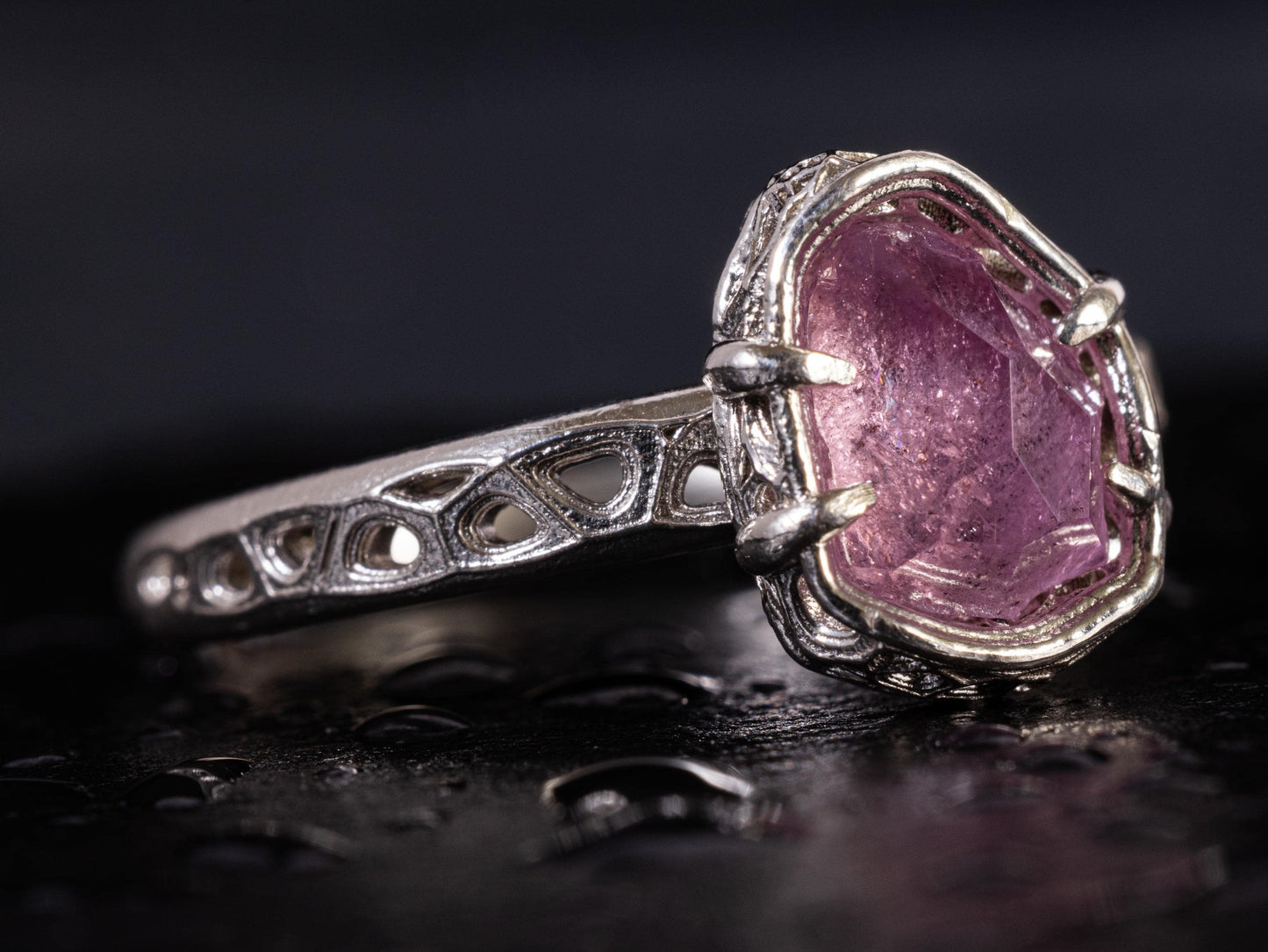 Hand cut Pink Natural Morganite Ring Sterling Silver, Crystal Ring, Rustic Handmade Jewelry 