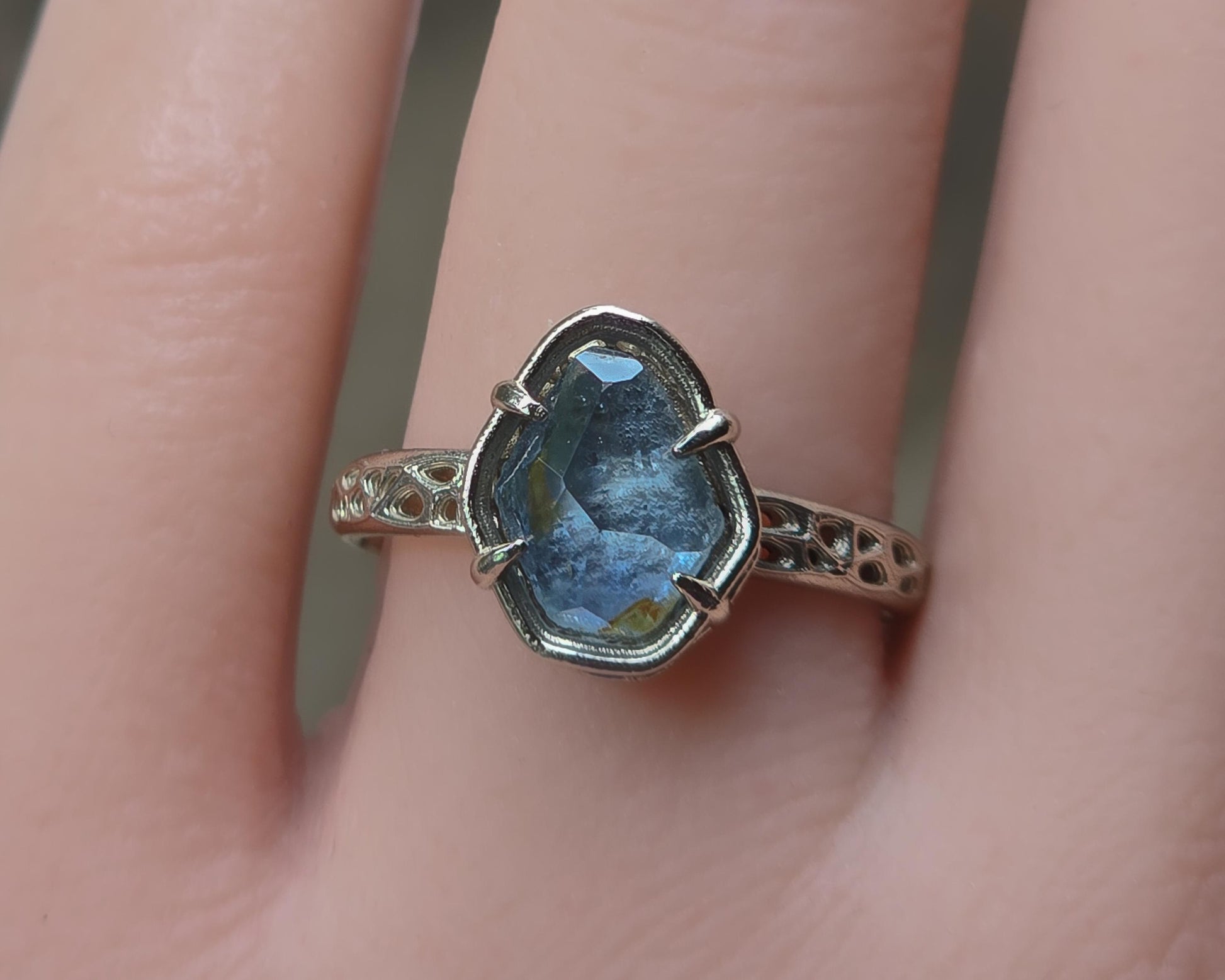 Hand Cut unheated Montana Blue Green Sapphire Ring in 14k White Gold, One of a Kind , Size 7.25 