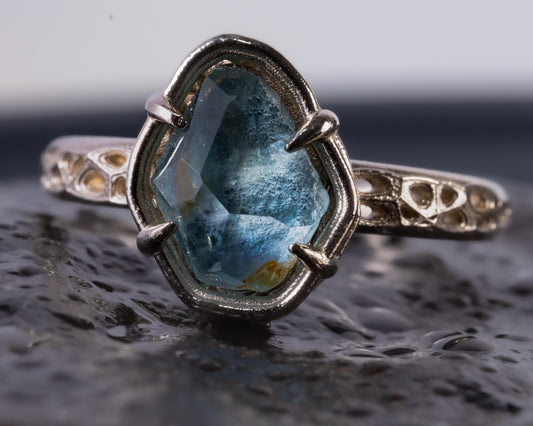 Hand Cut unheated Montana Blue Green Sapphire Ring in 14k White Gold, One of a Kind , Size 7.25 