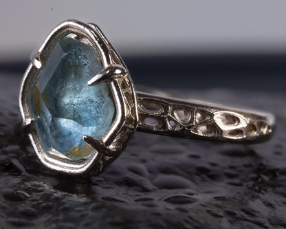 Hand Cut unheated Montana Blue Green Sapphire Ring in 14k White Gold, One of a Kind , Size 7.25 
