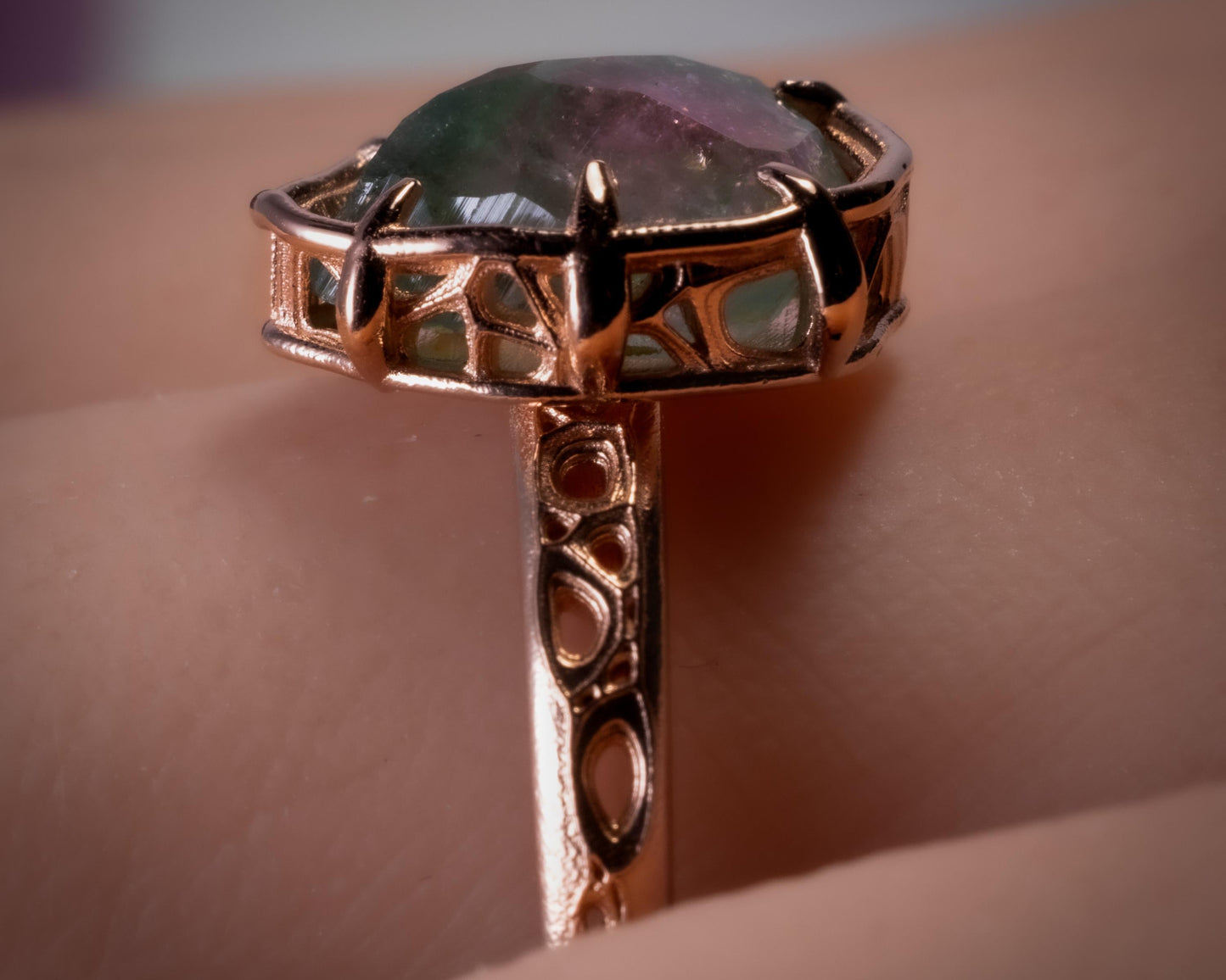 Watermelon Pink Green Tourmaline Ring in 10k Rose Gold, Hand Cut, unique Ring 
