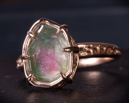 Watermelon Pink Green Tourmaline Ring in 10k Rose Gold, Hand Cut, unique Ring 