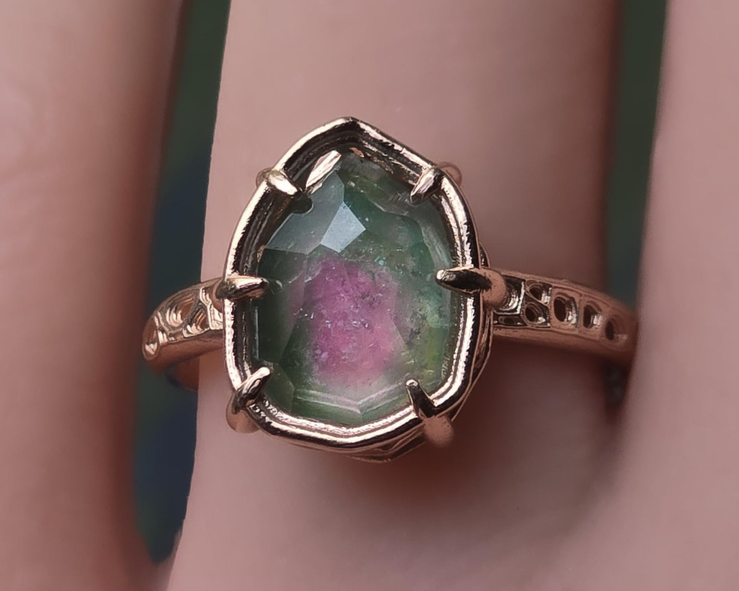 Watermelon Pink Green Tourmaline Ring in 10k Rose Gold, Hand Cut, unique Ring 