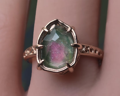 Watermelon Pink Green Tourmaline Ring in 10k Rose Gold, Hand Cut, unique Ring 