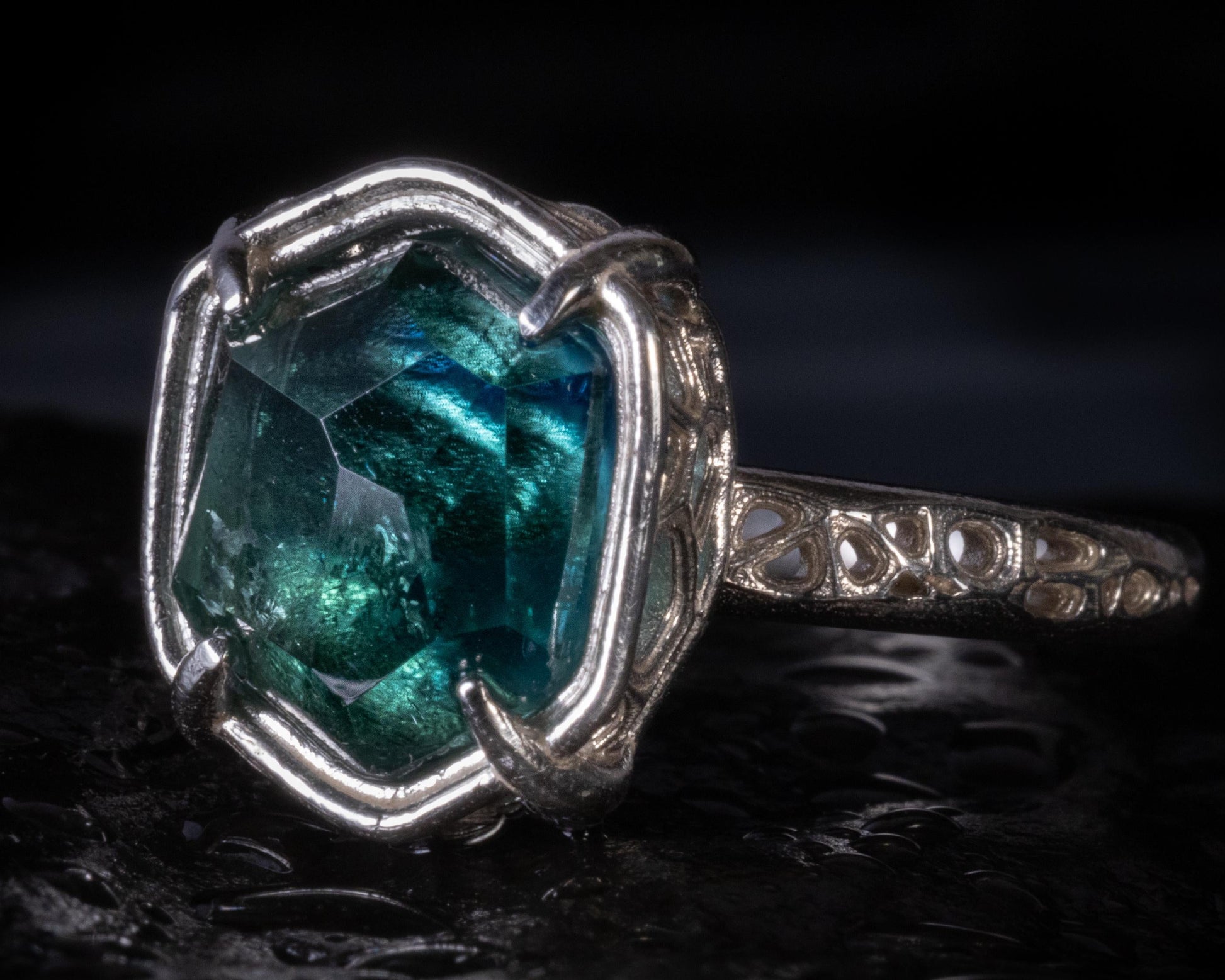Blue Green Tourmaline Ring in Sterling Silver, Hand Cut One of a Kind Ring 