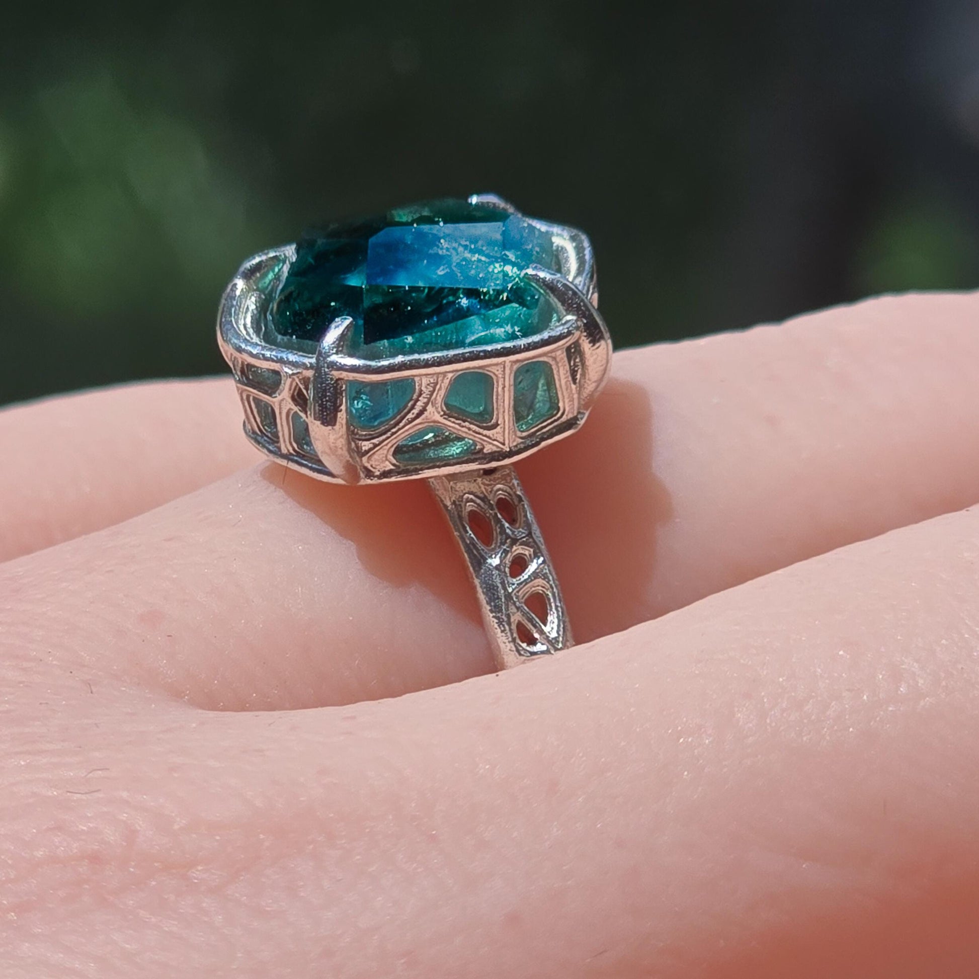 Blue Green Tourmaline Ring in Sterling Silver, Hand Cut One of a Kind Ring 