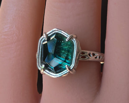 Blue Green Tourmaline Ring in Sterling Silver, Hand Cut One of a Kind Ring 