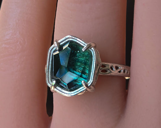 Blue Green Tourmaline Ring in Sterling Silver, Hand Cut One of a Kind Ring 