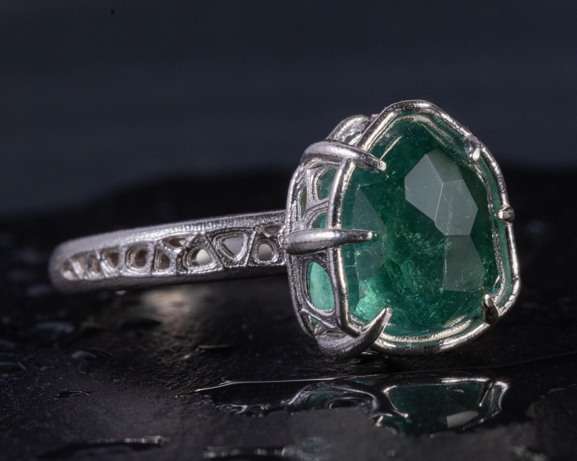 Hand Cut Green Tourmaline Statement Ring in Sterling Silver one-of-a-kind 