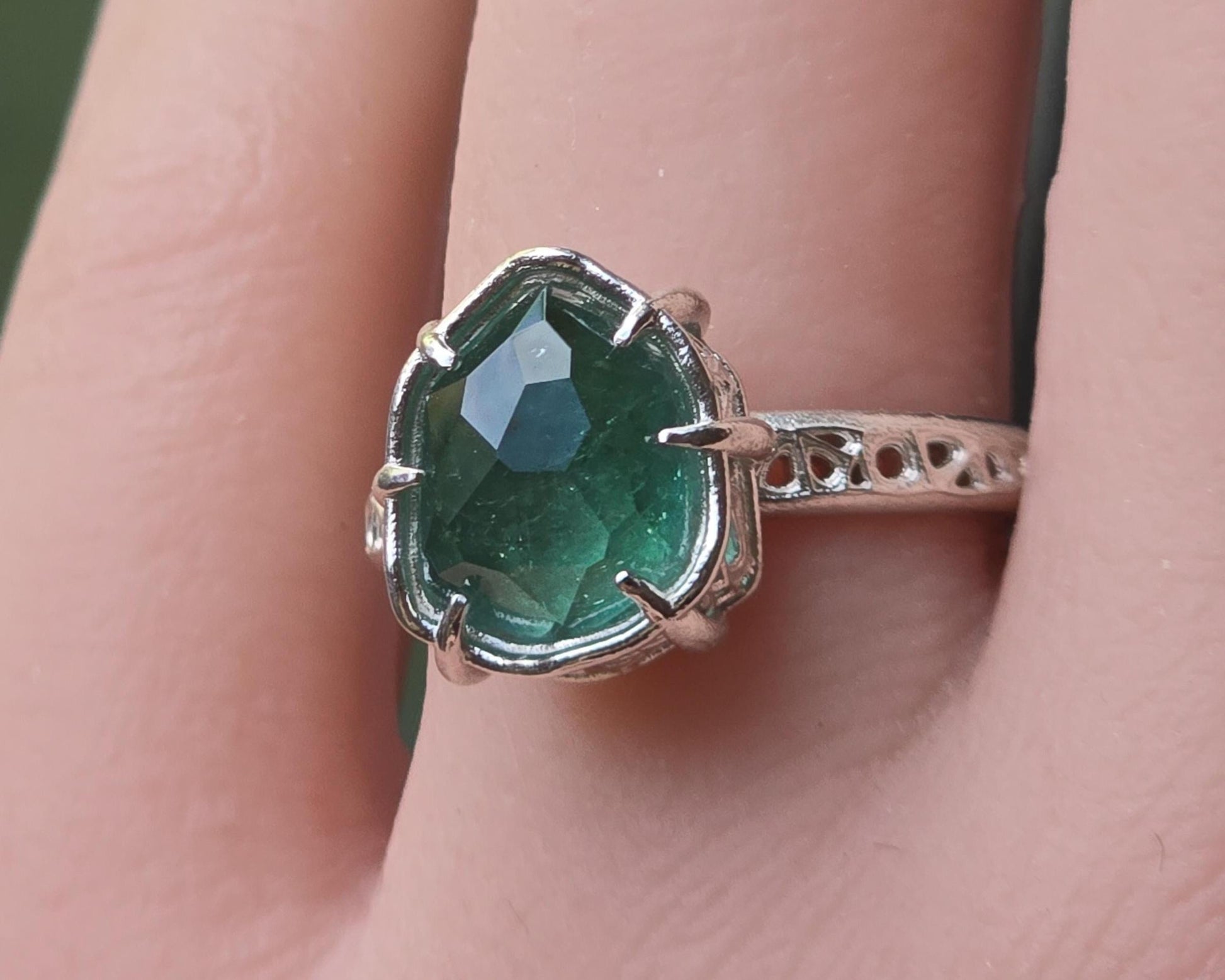 Hand Cut Green Tourmaline Statement Ring in Sterling Silver one-of-a-kind 