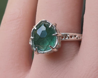 Hand Cut Green Tourmaline Statement Ring in Sterling Silver one-of-a-kind 