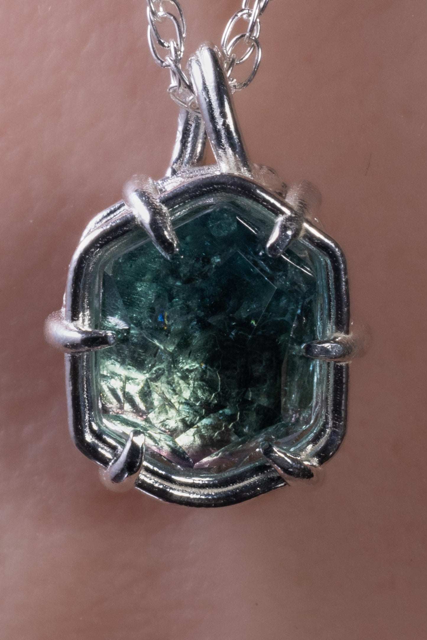 Blue Green Tourmaline Pendant, Hand Cut Stone in Sterling Silver 