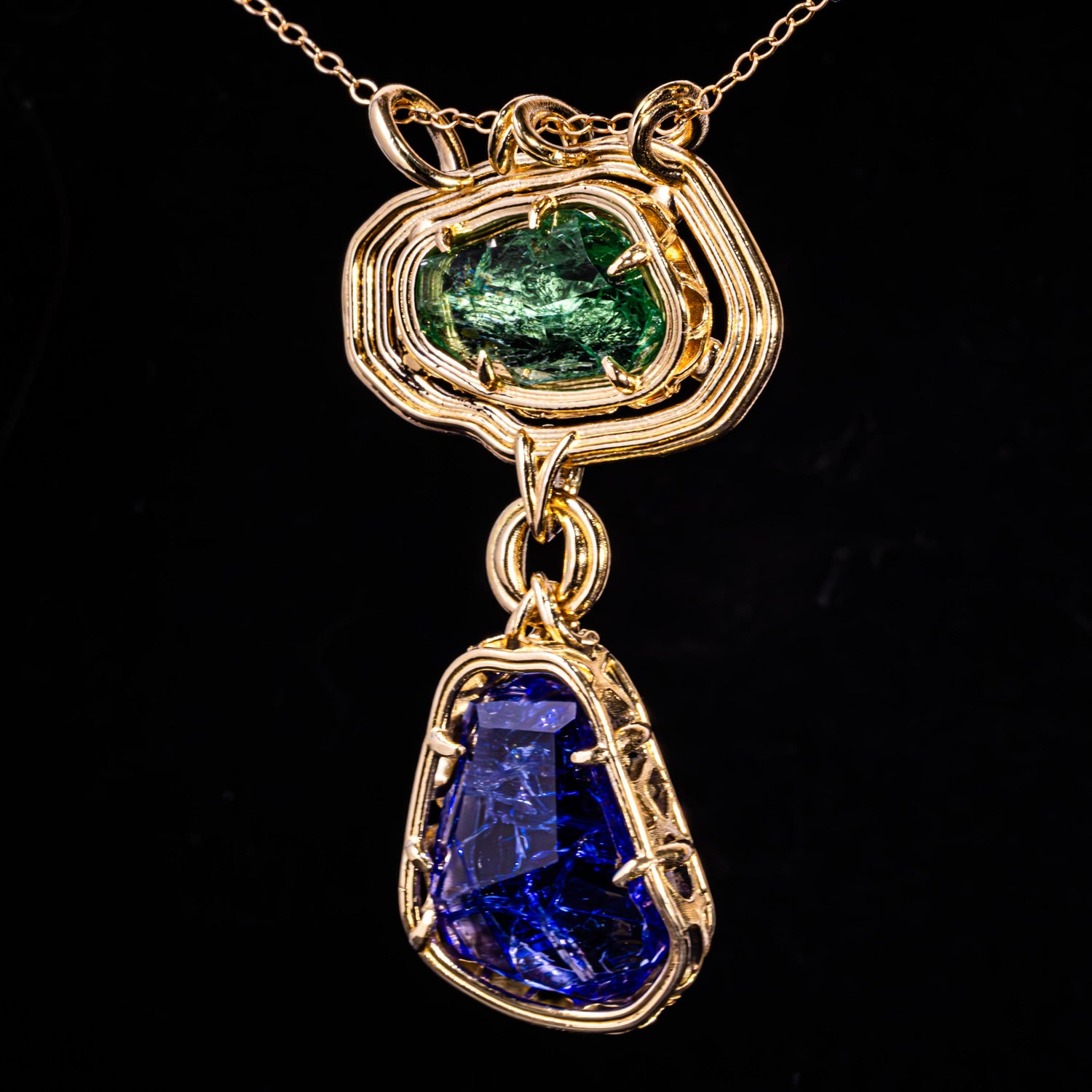 The Verdant Relic | Hiddenite & Tanzanite Pendant in Solid 18k Gold | One of a Kind 