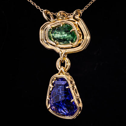 The Verdant Relic | Hiddenite & Tanzanite Pendant in Solid 18k Gold | One of a Kind 