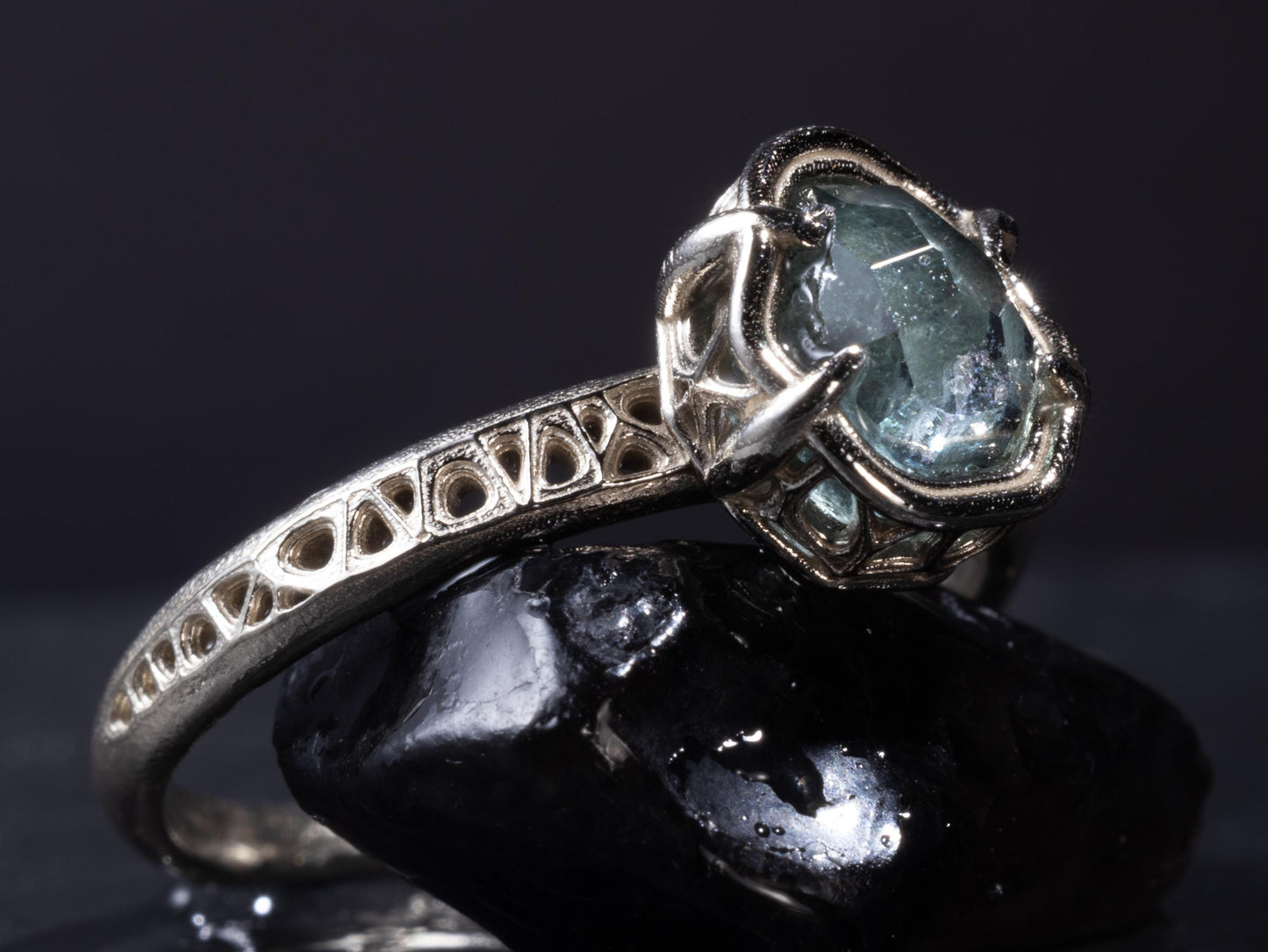 Natural Unheated Montana Sapphire Ring in 10K White Gold | Hand Cut | One of a Kind Artisan Ring | Size 7.25 