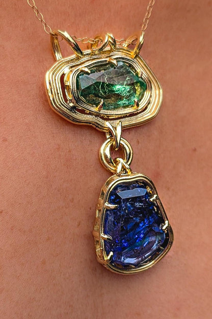 The Verdant Relic | Hiddenite & Tanzanite Pendant in Solid 18k Gold | One of a Kind 