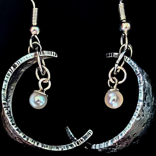 Sterling Silver Crescent Moon Earrings | Lunar Pearl Earrings | One of a Kind Celestial Jewelry | Sculptural Moon Earrings 