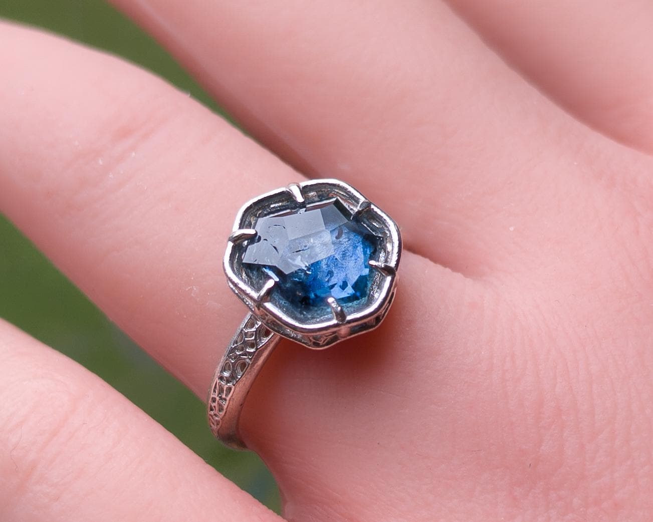 Hand Cut Montana Sapphire Ring in Sterling Silver | One of a Kind Teal Blue Gemstone 