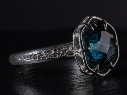Hand Cut Montana Sapphire Ring in Sterling Silver | One of a Kind Teal Blue Gemstone 