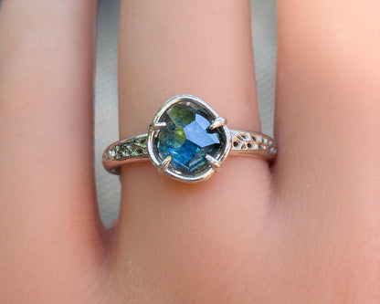 Hand Cut Montana Sapphire Ring | Teal Green Sapphire in Sterling Silver | One of a Kind 