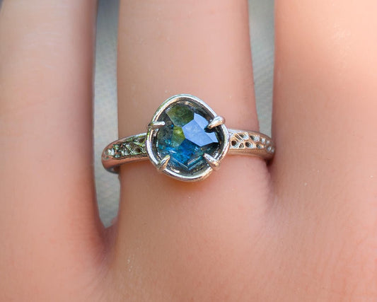 Hand Cut Montana Sapphire Ring | Teal Green Sapphire in Sterling Silver | One of a Kind 